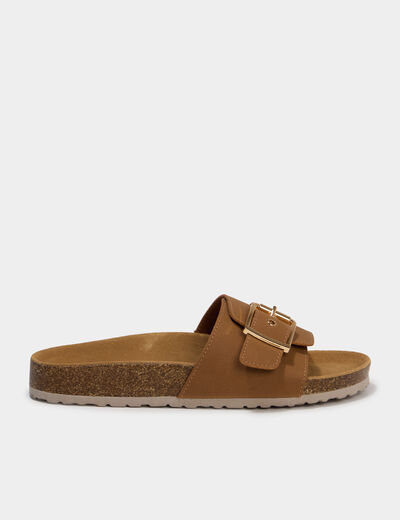 Mules su&eacute;dine avec grosse boucle marron femme