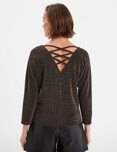 T-shirt dos en V avec laçage manches 3/4 terracotta femme