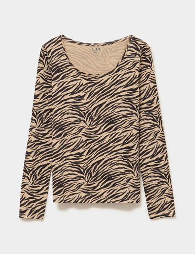 T-shirt col rond manches longues coton beige moyen femme