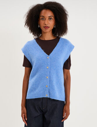 Gilet sans manches col V boutonn&eacute; bleu electrique femme