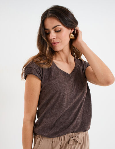 T-shirt col v poche poitrine marron fonc&eacute; femme