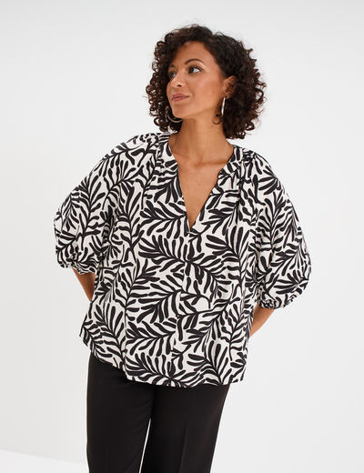 Blouse manches 3/4 ballons col tunisien blanc femme