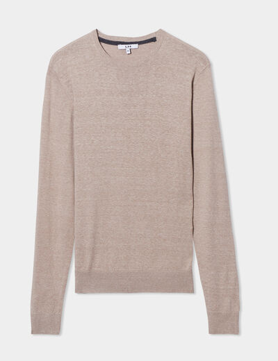 Pull droit col rond mélange coton beige homme