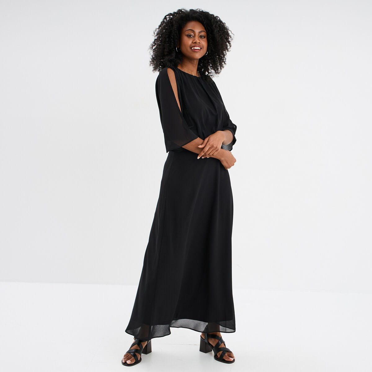 Robe longue manches 3/4 fendues noir femme