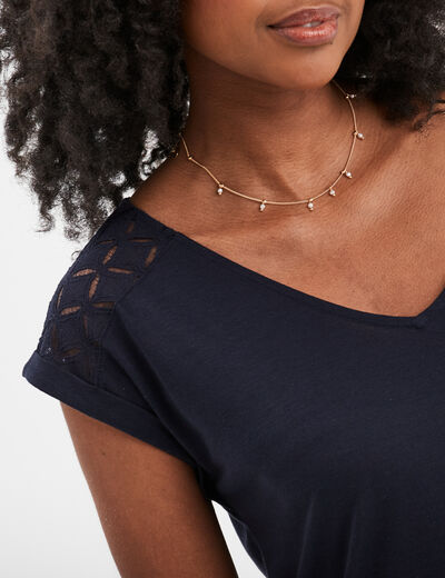 T-shirt col en V dentelle épaules et dos bleu foncé femme