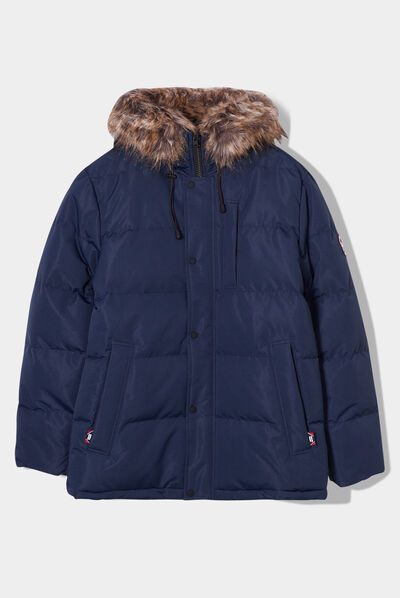 Parka courte avec capuche fourrure bleu marine homme