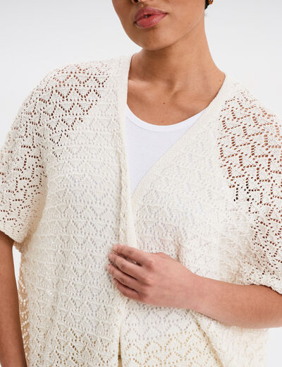 Gilet mi-long ajouré à franges blanc femme