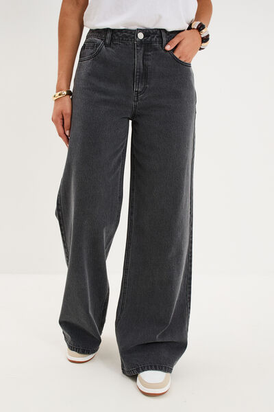 Jeans extra wide leg taille haute denim noir femme