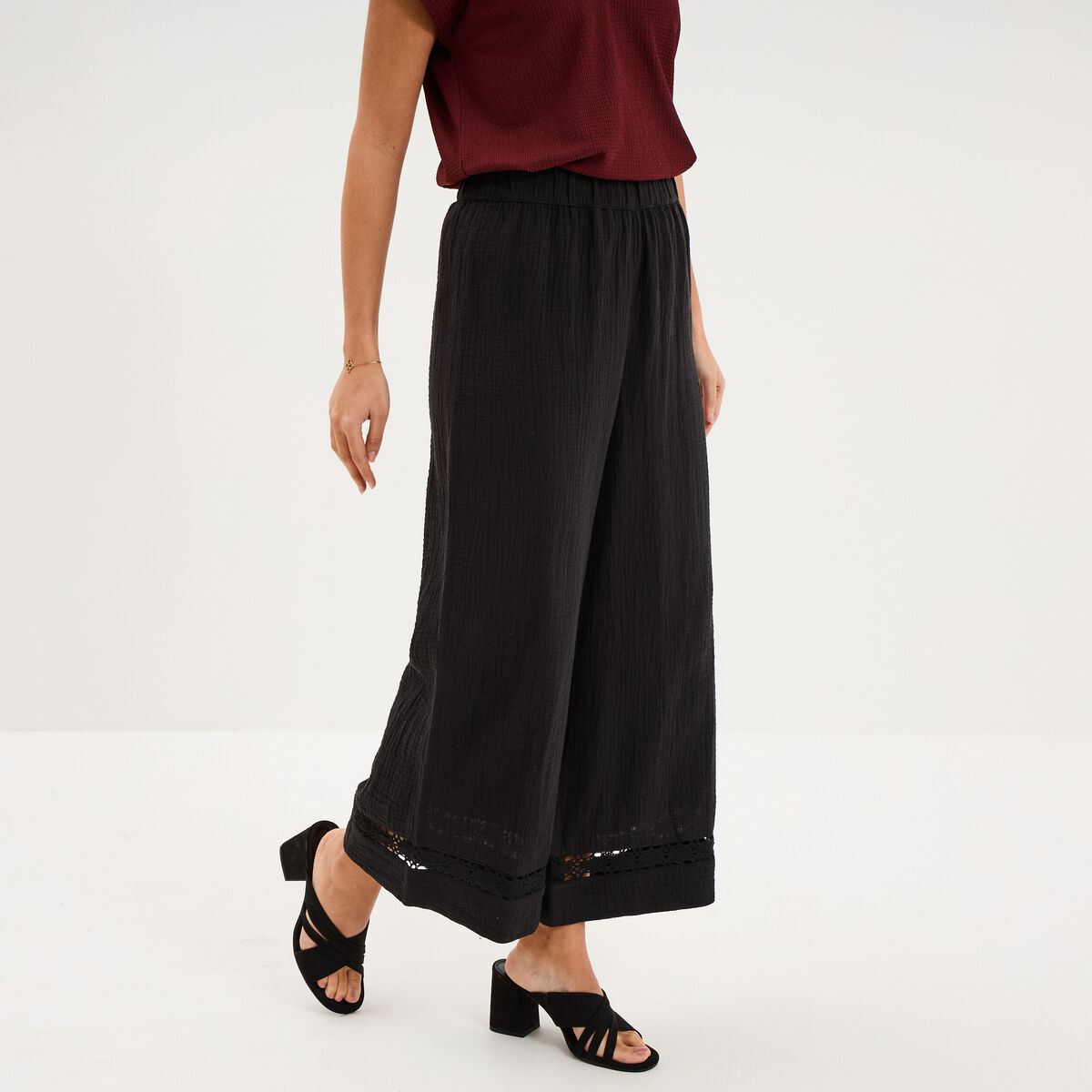 Pantalon large &eacute;lastiqu&eacute;e gaze coton noir femme