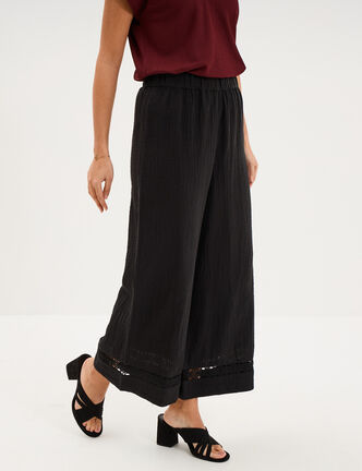 Pantalon large &eacute;lastiqu&eacute;e gaze coton noir femme