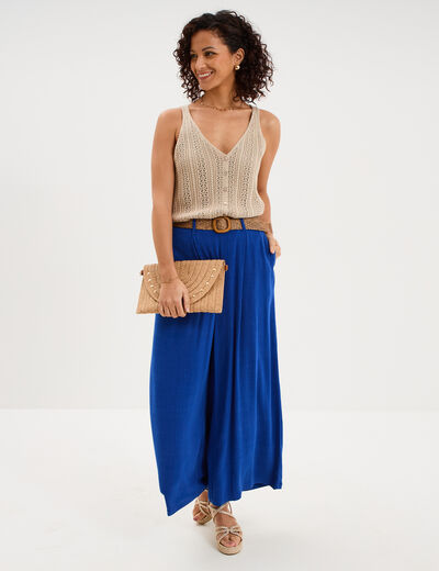 Pantalon large &agrave; pinces ceinture tress&eacute;e bleu electrique femme
