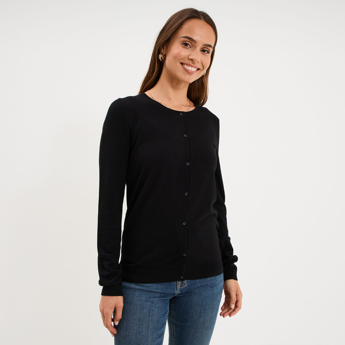 Gilet col rond manches longues noir femme