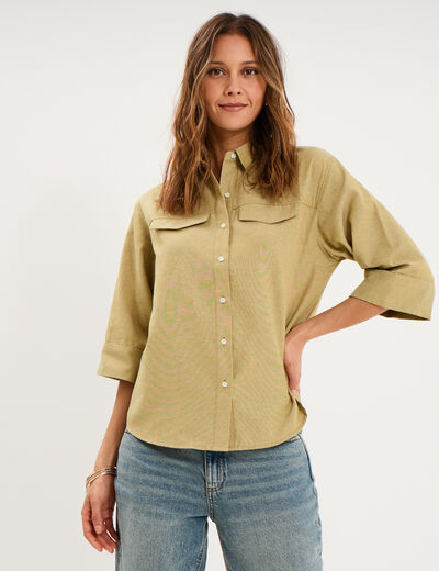 Chemise manches 3/4 poches poitrine vert olive femme