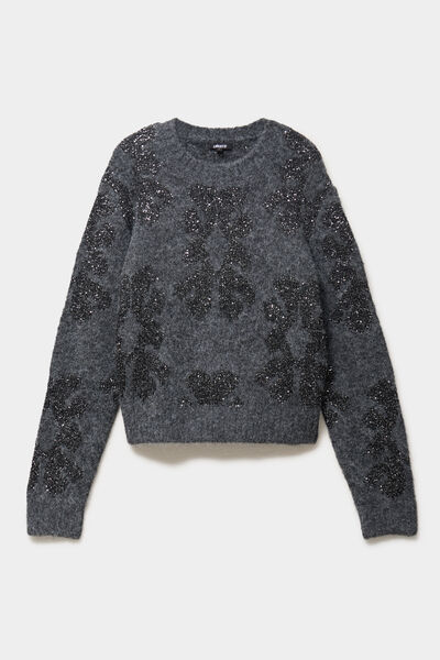 Pull &agrave; sequins et col rond gris fonc&eacute; femme