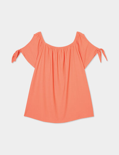 T-shirt manches ouvertes avec noeuds rose corail femme grande taille