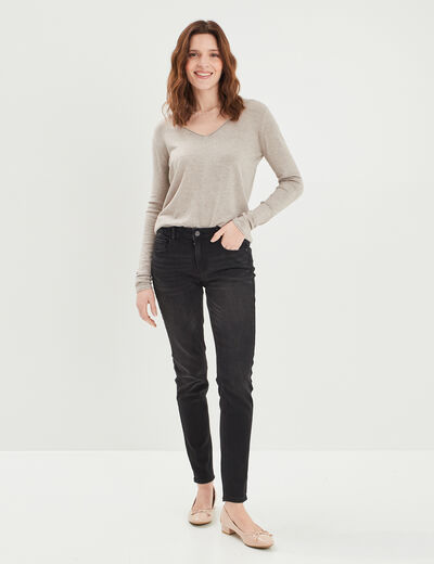 Pull ajusté avec col en V beige femme