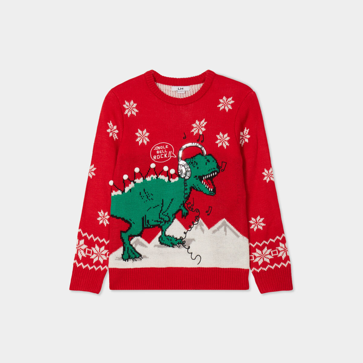 Pull No&euml;l col rond sequins et broderie rouge gar&ccedil;on