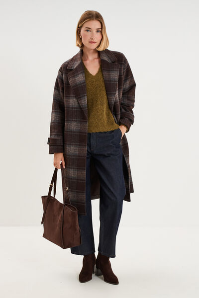Manteau long oversize boutonn&eacute; marron chocolat femme