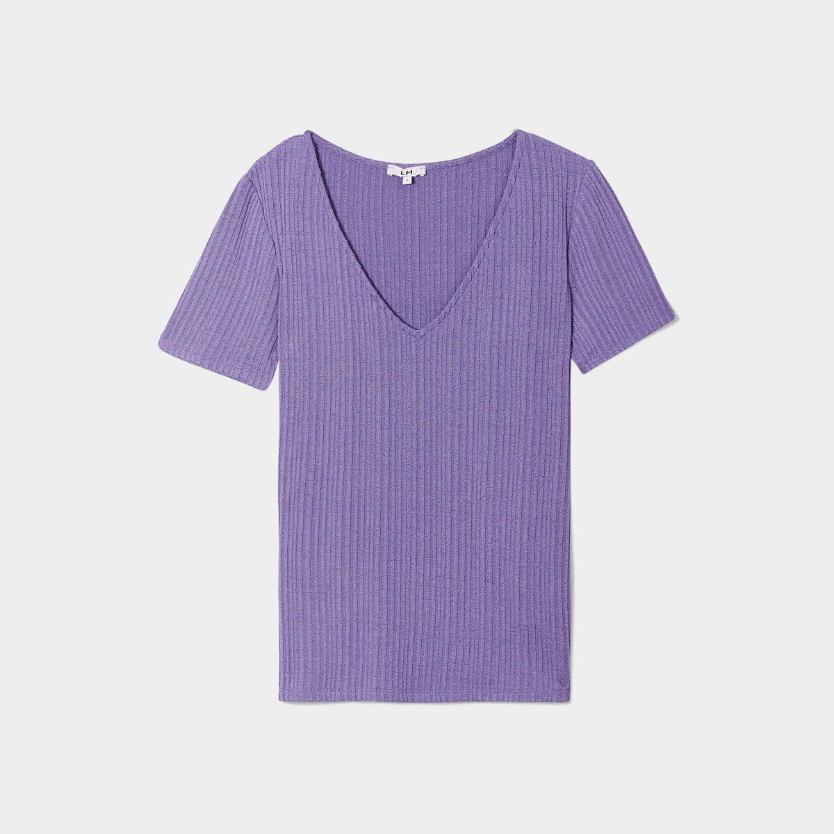 T-shirt col en V côtelé violet foncé femme