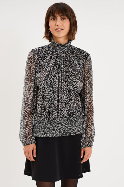 Blouse smock&eacute;e col montant gris argent femme