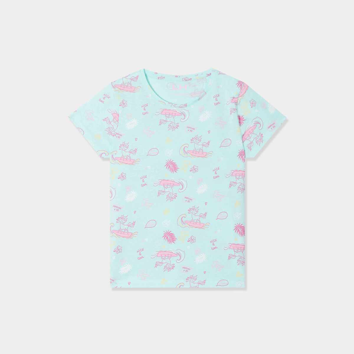 T-shirt col rond manches courtes coton bleu clair fille