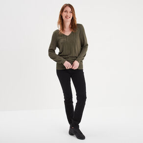 Pull ajouré manches longues vert kaki femme