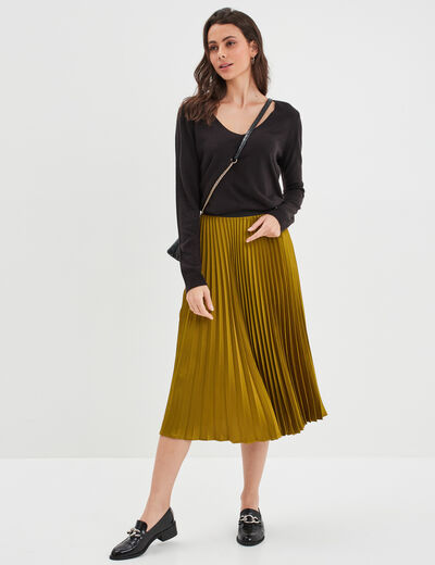 Jupe midi plissée en satin vert olive femme
