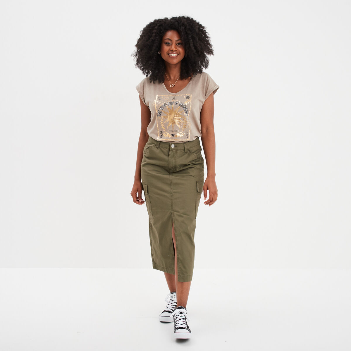 Jupe longue cargo coton vert kaki femme
