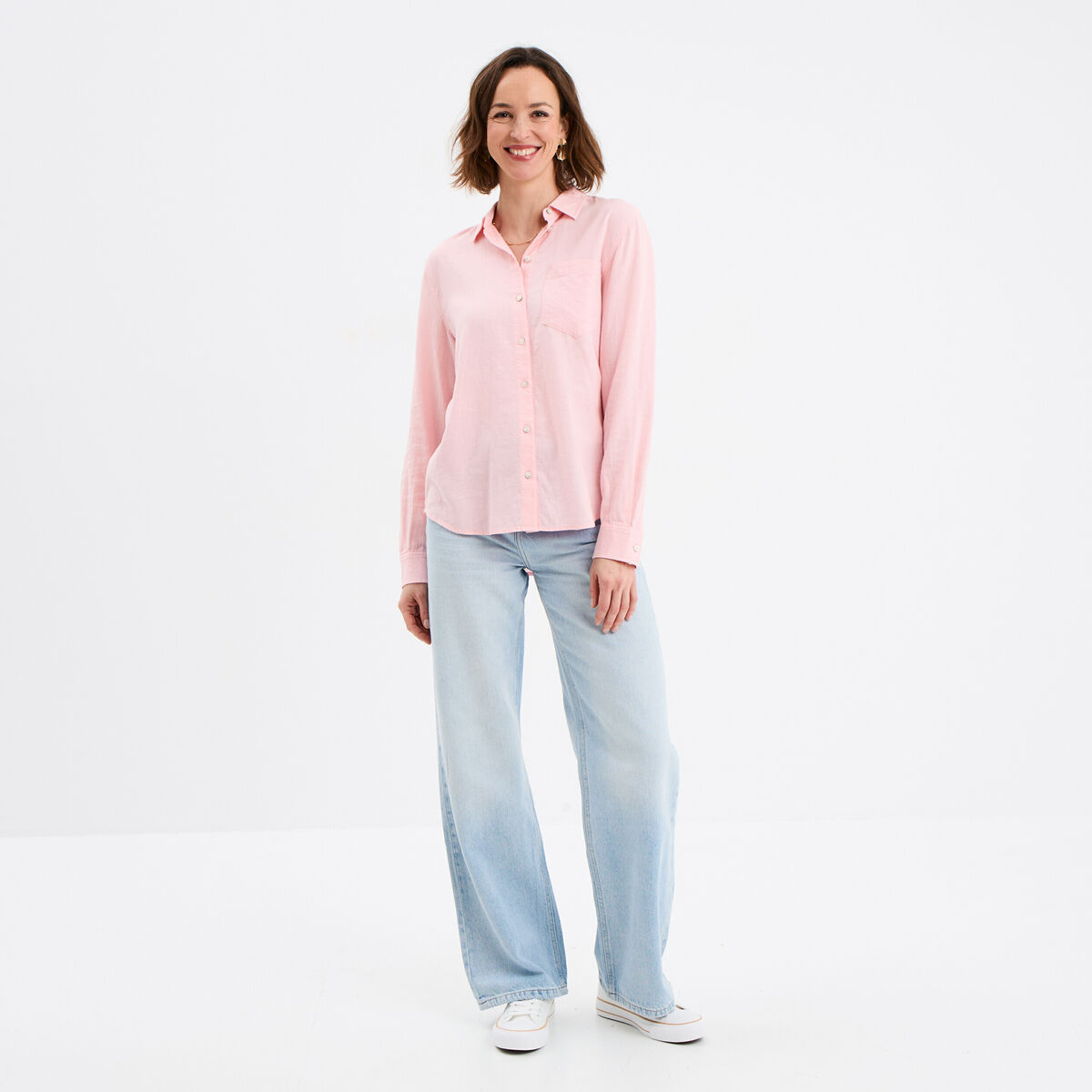 Chemise lin mélangé manches longues rose clair femme