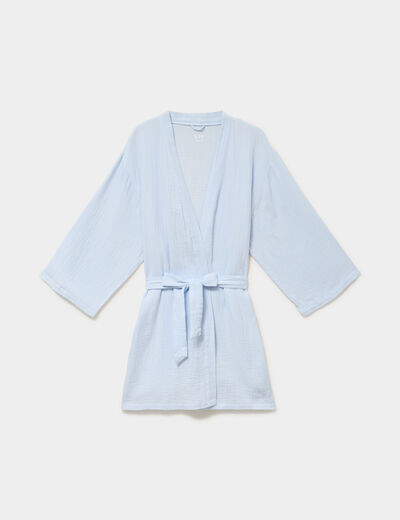 Peignoir court ceintur&eacute; gaze de coton bleu ciel femme