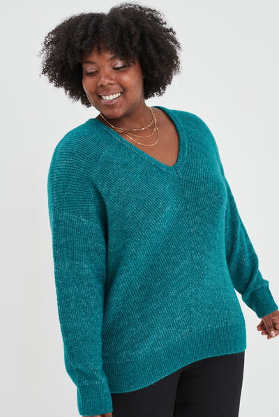 Pull manches chauves-souris col en V bleu canard femme grande taille