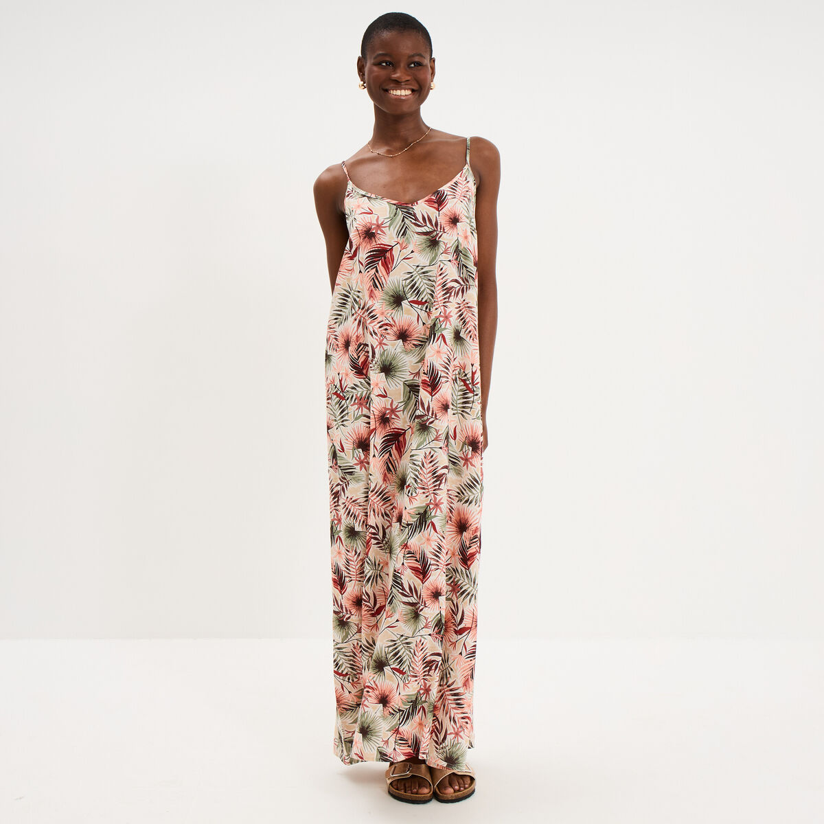 Robe longue droite fluide &agrave; bretelles vert kaki femme