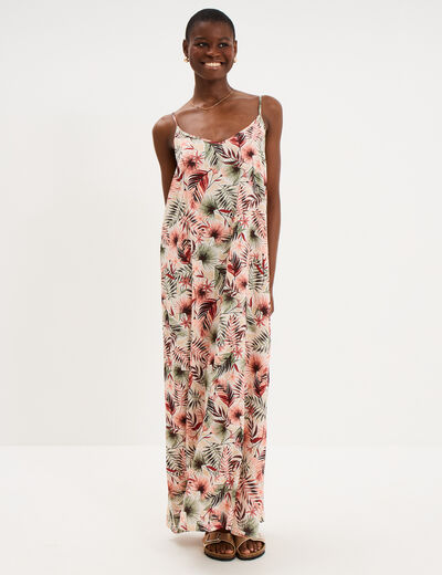 Robe longue droite fluide &agrave; bretelles vert kaki femme