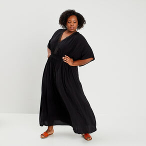 Robe longue droite fluide taille smockée noir femme grande taille