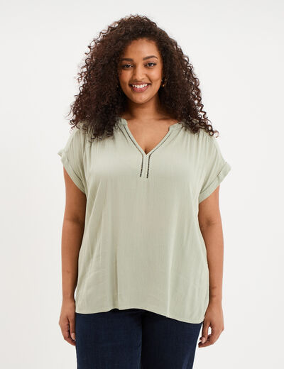 Blouse col en V manches courtes vert kaki femme grande taille