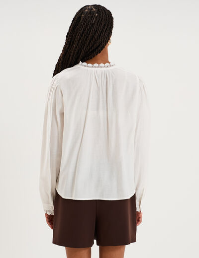 Blouse manches longues col dentelle blanc femme