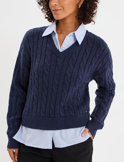 Pull torsades effet 2-en-1 chemise bleu marine femme