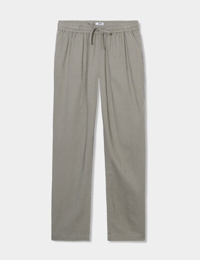 Pantalon en lin droit 7/8ème vert kaki femme
