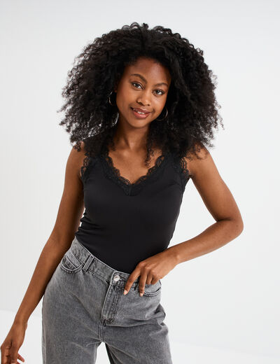 Débardeur ajusté détail dentelle noir femme