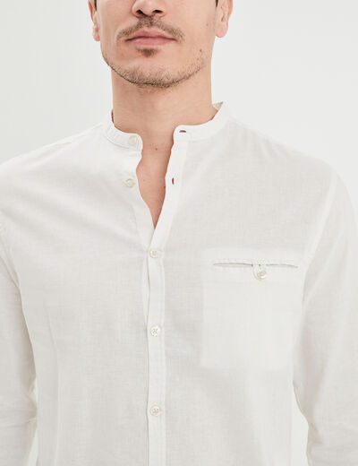 Chemise col mao lin mélangé blanc homme