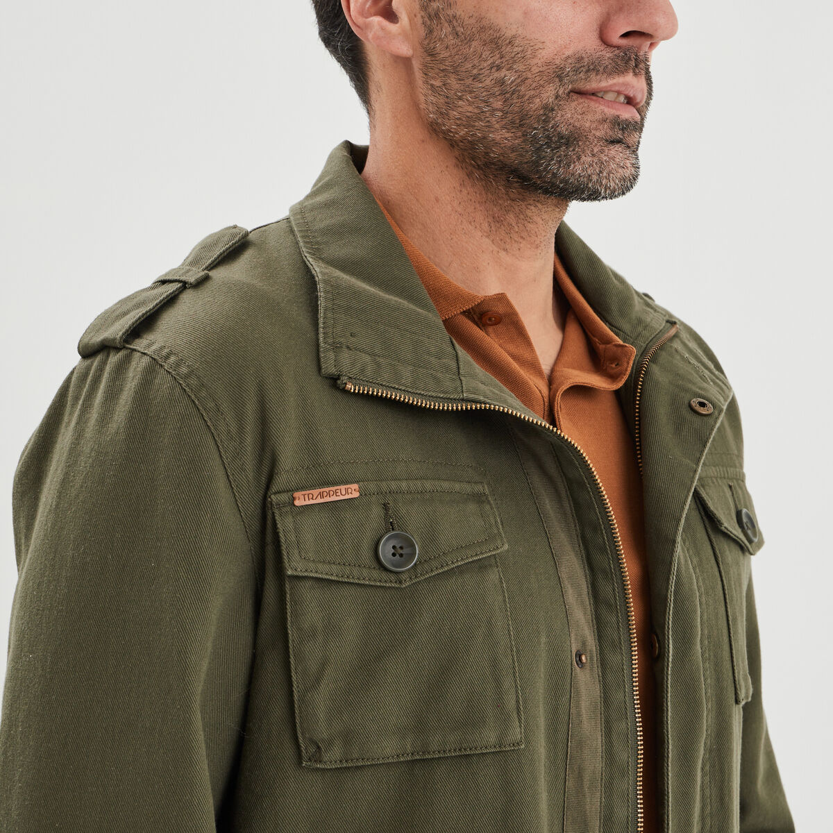 Veste droite col montant vert kaki homme