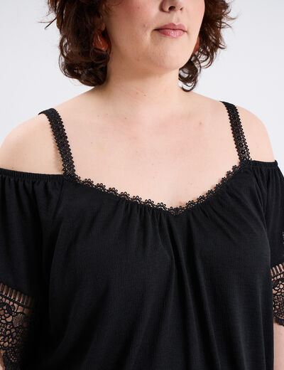 T-shirt col bardot avec dentelle noir femme grande taille