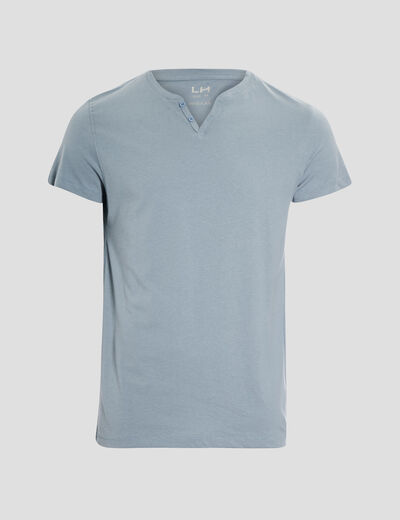 T-shirt manches courtes col tunisien bleu gris homme
