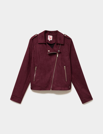 Veste biker en su&eacute;dine ajust&eacute;e violet fonc&eacute; femme