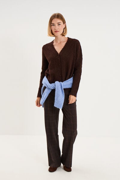 Gilet cardigan ajour&eacute; manches longues marron fonc&eacute; femme