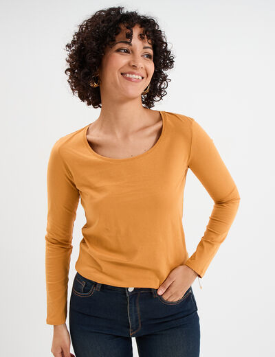 T-shirt coton col rond manches longues jaune moutarde femme
