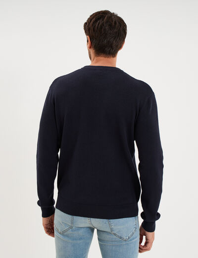 Pull en maille textur&eacute;e col rond bleu marine homme