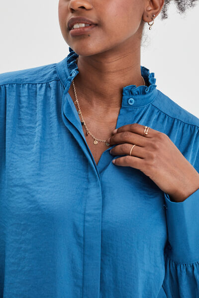 Blouse col montant manches bouffantes bleu femme