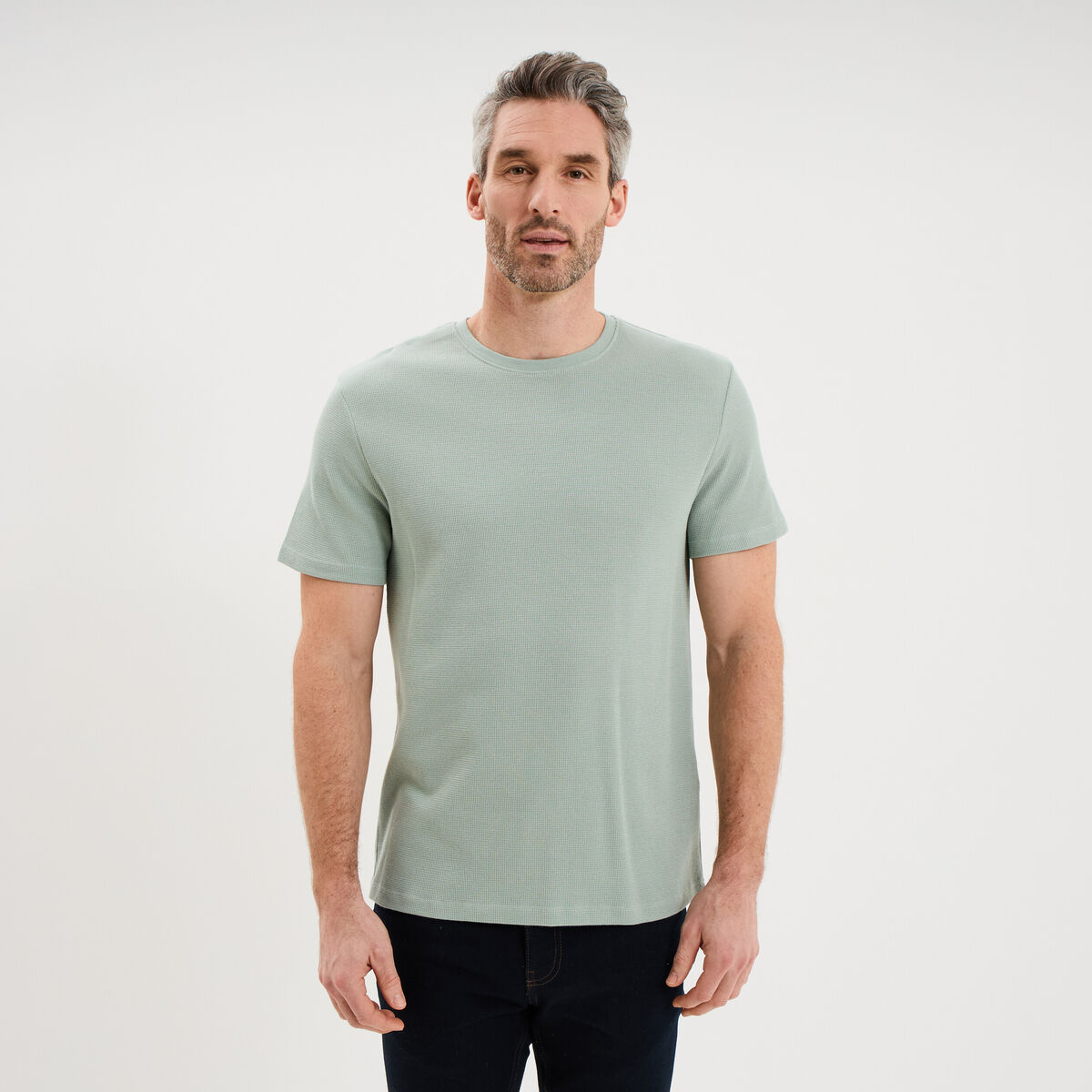 T-shirt textur&eacute; droit col rond coton vert pastel homme