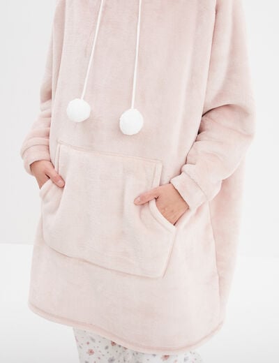 Poncho plaid polaire à capuche vieux rose femme